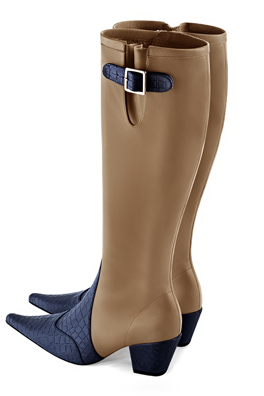 Navy blue and camel beige women's knee-high boots with buckles. Pointed toe. Medium cone heels. Made to measure. Rear view - Florence KOOIJMAN